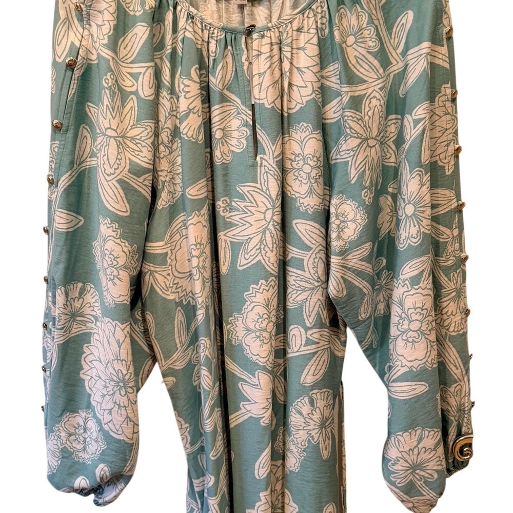 LOFT Green Floral Print Split Neck Tie Waist Long Sleeve Mini Dress-NWT-Medium - Picture 7 of 10